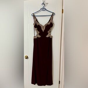 Cachet Burgundy Maxi Dress with Gold Lace Trim